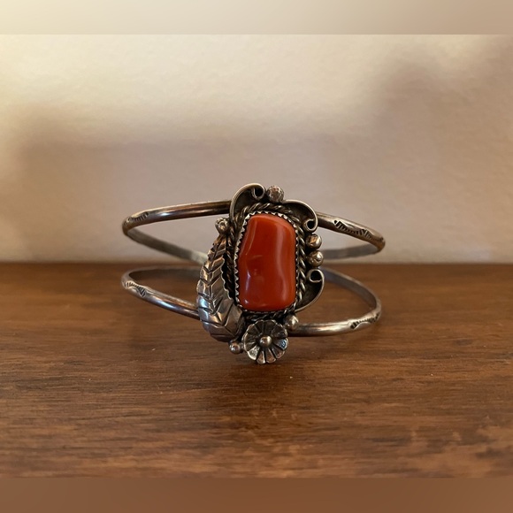 Navajo Coral & Silver Cuff - Picture 2 of 5